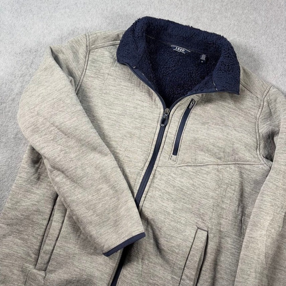 IZOD Full Zip Fleece Jacket Mens M Gray Heathered Sherpa Lined Mock Neck Pocket